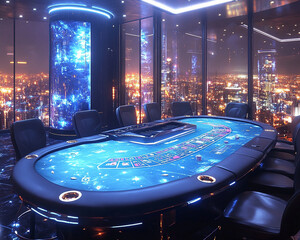 Futuristic Poker Table in Highrise with Cityscape Night View