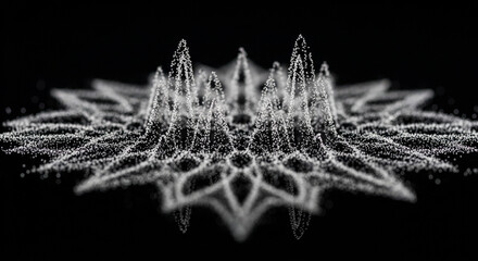 Abstract fractal geometric pattern illuminated by light particles on a dark background, representing complex data visualization or scientific concept