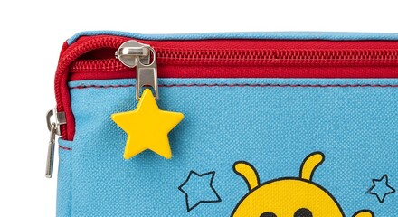 Close-up of a blue and red pencil case with a yellow star zipper.