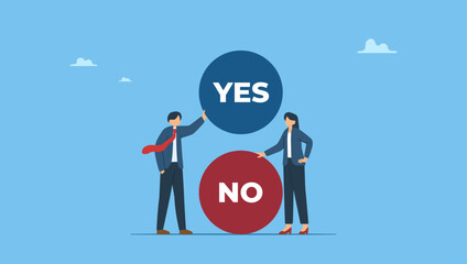 Businessman and woman arguing or fight with yes and no sign. Yes, No argument or disagreement, conflict fight debate, dilemma, dispute or office rivalry war, struggle, negative discussion.