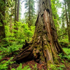 Majestic old growth redwood tree in a lush green forest with ferns and moss.