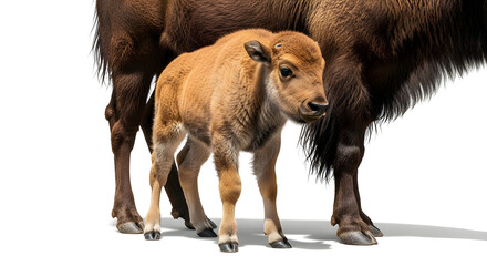 A baby bison stands safely near a large one. The small one has a light tan color, while the big one has dark brown hair.