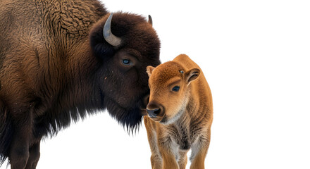 Fototapeta premium A tender moment between a bison and its calf, a symbol of nature's bond. The calf stands close to the adult, exuding warmth and affection.