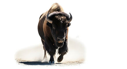 A powerful bison charging forward, its gaze intense, showcasing its strength and wild nature. The imposing animal with dark fur stands out against a stark background.