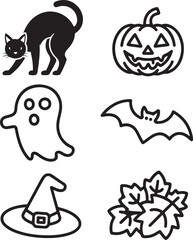 Collection of halloween icons featuring a black cat ghost pumpkin bat witch hat and autumn leaves silhouette