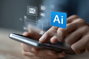 Hands interact with a smartphone displaying AI-related email and data icons