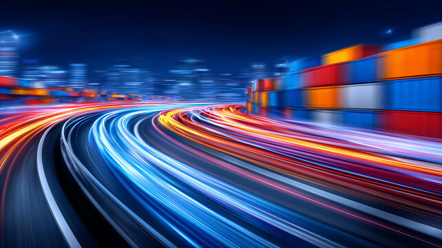Light trails along a transport route beside stacked containers, expressing fast logistics and the concept of efficient supply chain movement through connected infrastructure.
