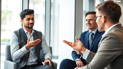 Focused young indian job seeker self-presenting on interview with confident european hr manager or company leader. Skilled multiracial manager giving professional consultation to client in office.