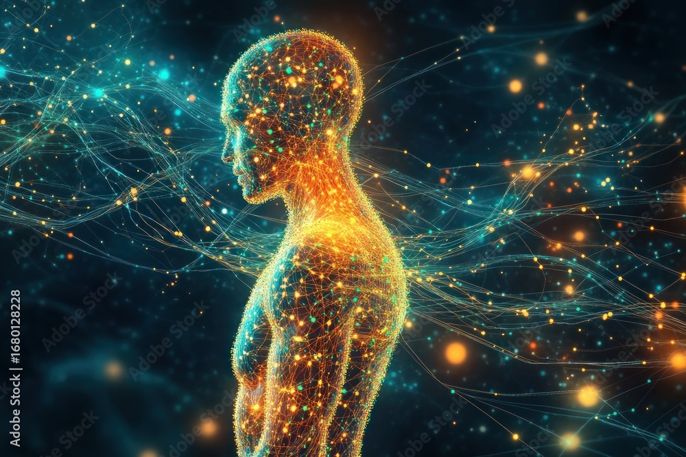 Poster digital human form illuminated with glowing nodes and connections against a dark blue abstract backg