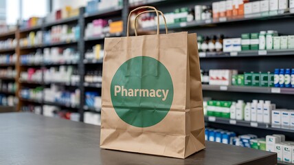 Brown paper shopping bag with a green circle logo that says pharmacy sits on a counter in front of blurred shelves of medicine