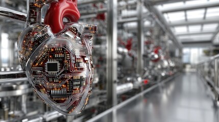 Human heart merged with glowing neural pathways and AI chip patterns in a futuristic eco friendly hospital room with soft natural light.