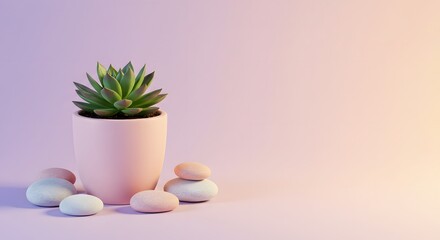 Succulent plant in a pink pot with zen stones on a pastel background.