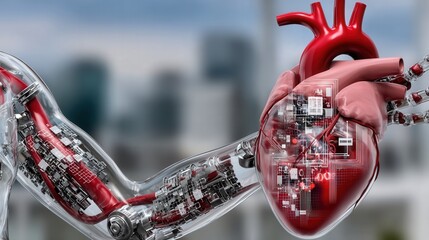 Human heart merged with glowing neural pathways and AI chip patterns in a futuristic eco friendly hospital room with soft natural light.