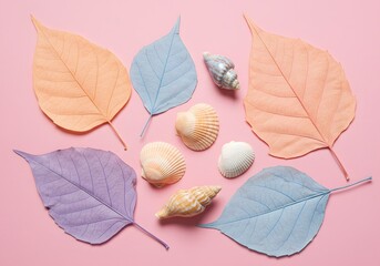Pastel leaves and seashells on a pink background in a flat lay arrangement.