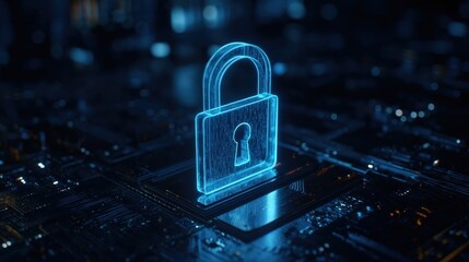 A glowing digital padlock symbolizing cybersecurity, set against a dark, circuit-like background, representing technology and data protection.