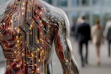 Human heart merged with glowing neural pathways and AI chip patterns in a futuristic eco friendly hospital room with soft natural light.