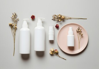 Cosmetic bottles with dried flowers on a plate, arranged on a flat surface.