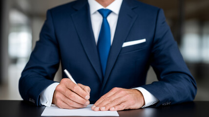 Obraz premium Businessman signing a document at a desk, portraying agreement making and professional commitment while representing contract approval, accountability, and legal compliance in business processes. 