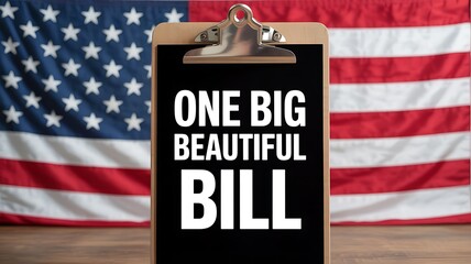 Presidential podium with a sign reading one big beautiful bill in front of the american flag representing legislation and government policy