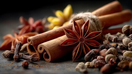 Close-Up of Star Anise, Cinnamon Sticks, and Cloves on Table