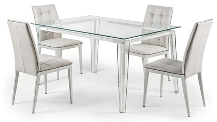 A glass top dining table with four white upholstered chairs in a well lit 