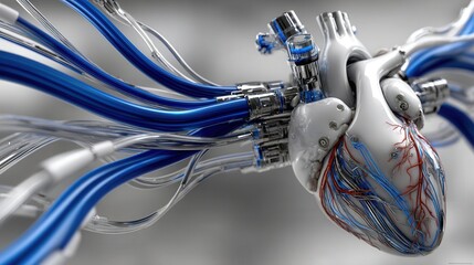 Close-up of a human heart fused with holographic AI circuits glowing in blue and silver tones against a futuristic medical background.