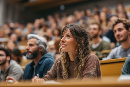 A university lecture hall filled with diverse students listening intently The mood feels ambitious and inspiring, Generative AI