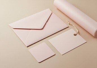 Pink stationery set with envelope, tag, card, and rolled paper on beige background.