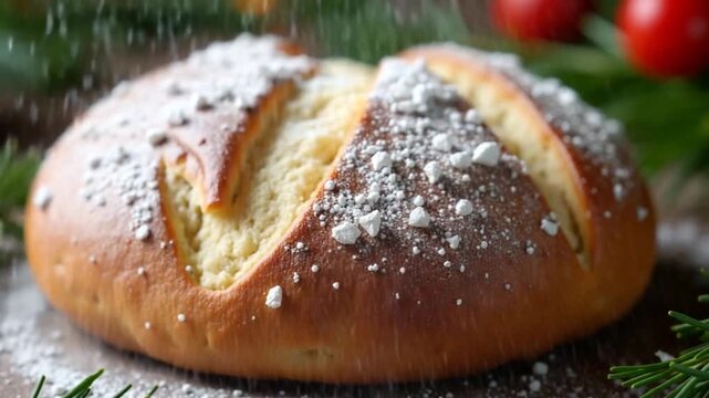 Christmas bread on the Christmas table. Chives sprinkled with sweet white powder are found on the table.