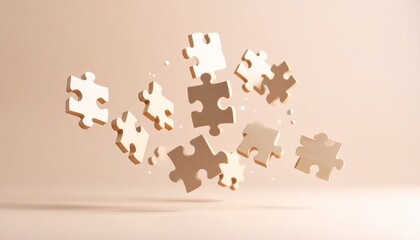 3D puzzle pieces interlocking in mid-air