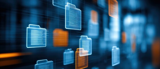 A digital representation of floating file icons in blue and orange hues, suggesting data management and technological innovation.