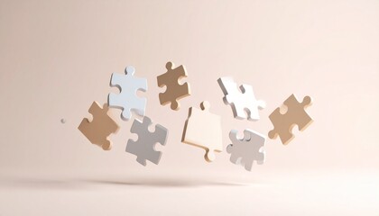 3D puzzle pieces interlocking in mid-air