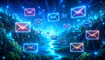 Luminous Email Icons in a Digital Landscape, Network of Messages Flowing Through a Futuristic Cityscape