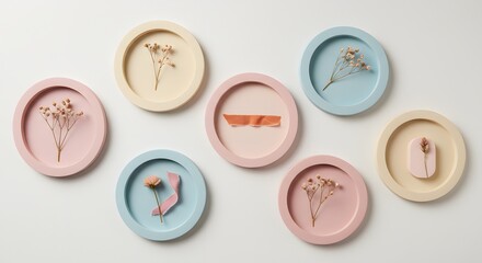 Pastel-colored concrete coasters with dried flowers and other decorative elements.