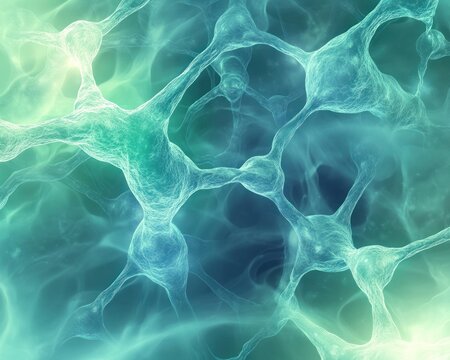 Digital rendering of interconnected neural network with glowing teal and green hues