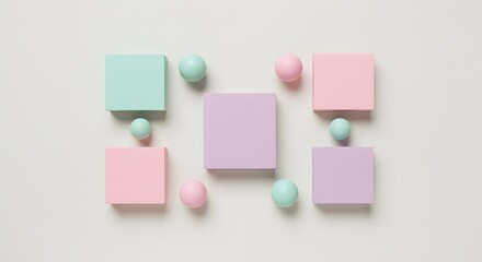 Pastel geometric arrangement of cubes and spheres on a white background.