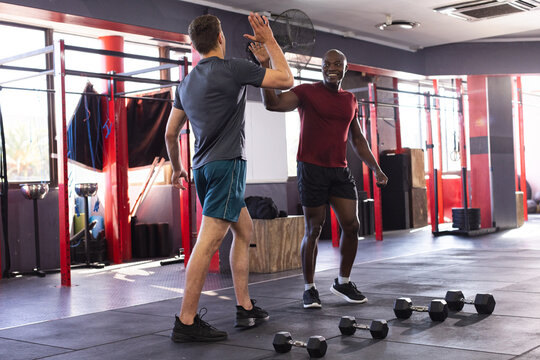 Male workout partners high-fiving inside gym on rubber flooring around dumbbells