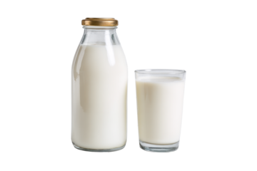 Bottle and Glass of Milk on Transparent Background