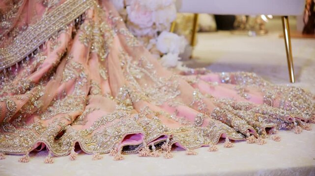 Orchid color wedding dress on the traditional Asian wedding , Slow movement camera shote.