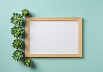 Wooden frame with succulents on a light blue background.