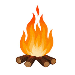 Campfire with bright flame and logs. Outdoor camping, picnic and travel adventure with fire and nature. Watercolor illustration isolated on white background.