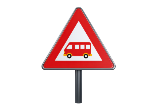 Triangular School Bus Warning Sign on Transparent Background