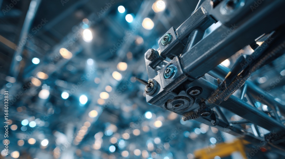 Aufkleber dynamic medium shot capturing an automated rigging robot adjusting bolts on a steel truss the mechan