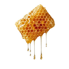 Delicious dripping honeycomb chunk with golden honey cascading in sweet liquid streams