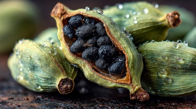 Fresh Green Cardamom Pods Split Open to Reveal Hidden Seeds