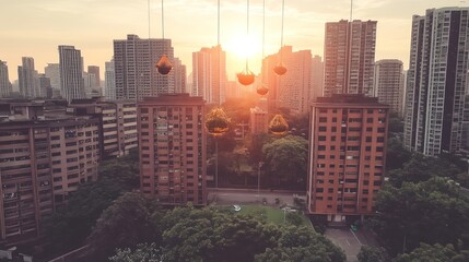 Obraz premium Futuristic urban landscape showcasing sustainable living pods against a city skyline