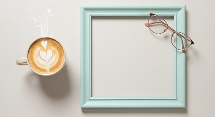 Coffee cup, glasses, and a blank frame on a white table, perfect for a mockup.