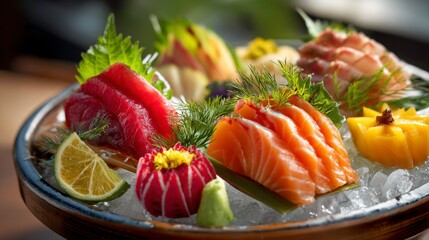 Fresh Sushi Platter with Thinly Sliced Salmon and Tuna Sashimi