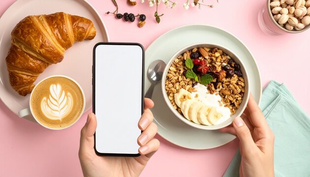 Healthy Breakfast Flat Lay with Croissant, Coffee, and Phone Mockup, Granola bowl flat lay for wellness concept with cellphone for advertisement