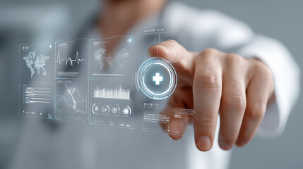 A doctor or scientist using a virtual screen to analyze medical data or a digital organ, symbolizing advanced healthcare technology